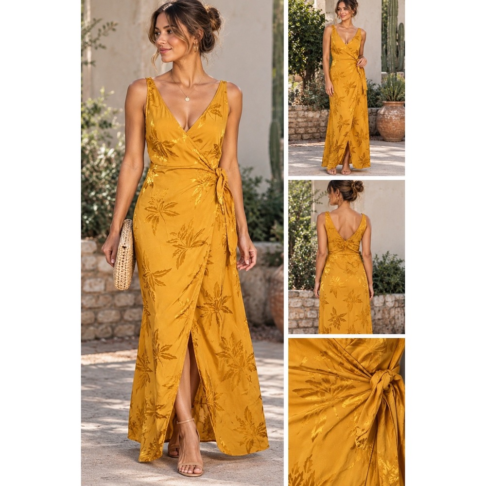 & Other Stories Paris Atelier Mustard Yellow Jacquard Floral Wrap Maxi Dress 2